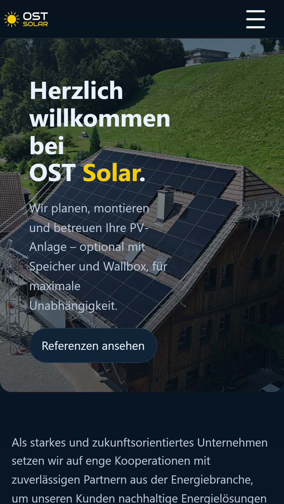 Startseite von ostsolar.ch auf dem Handy mit Menü-Knopf und Titel