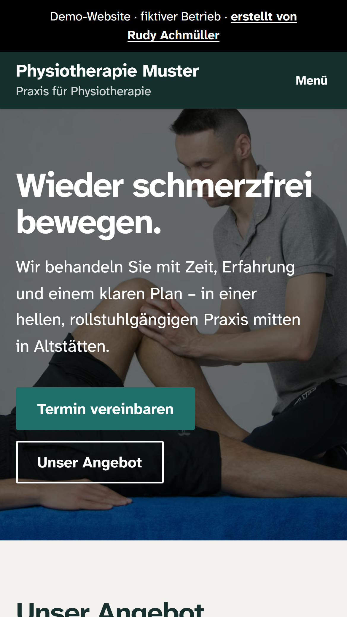 Startseite der Demo Physiotherapie Muster auf dem Handy