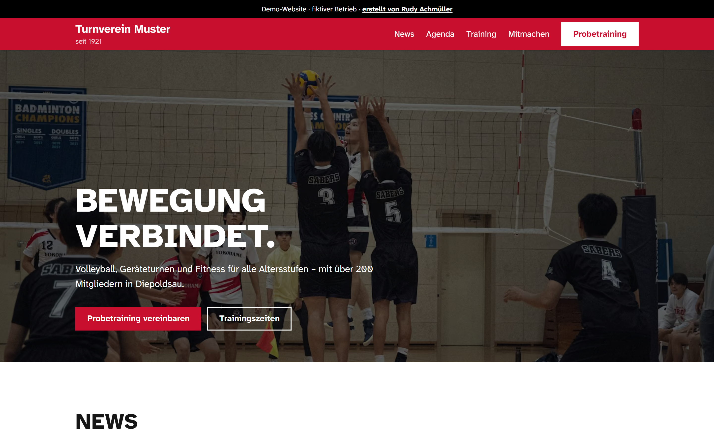 Startseite der Demo Turnverein Muster auf dem Desktop: Volleyballspiel, Titel „Bewegung verbindet.“
