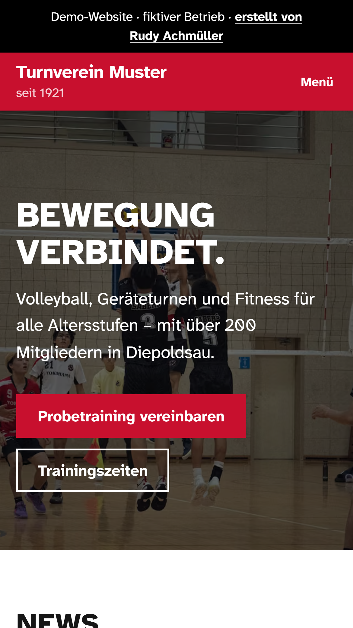 Startseite der Demo Turnverein Muster auf dem Handy